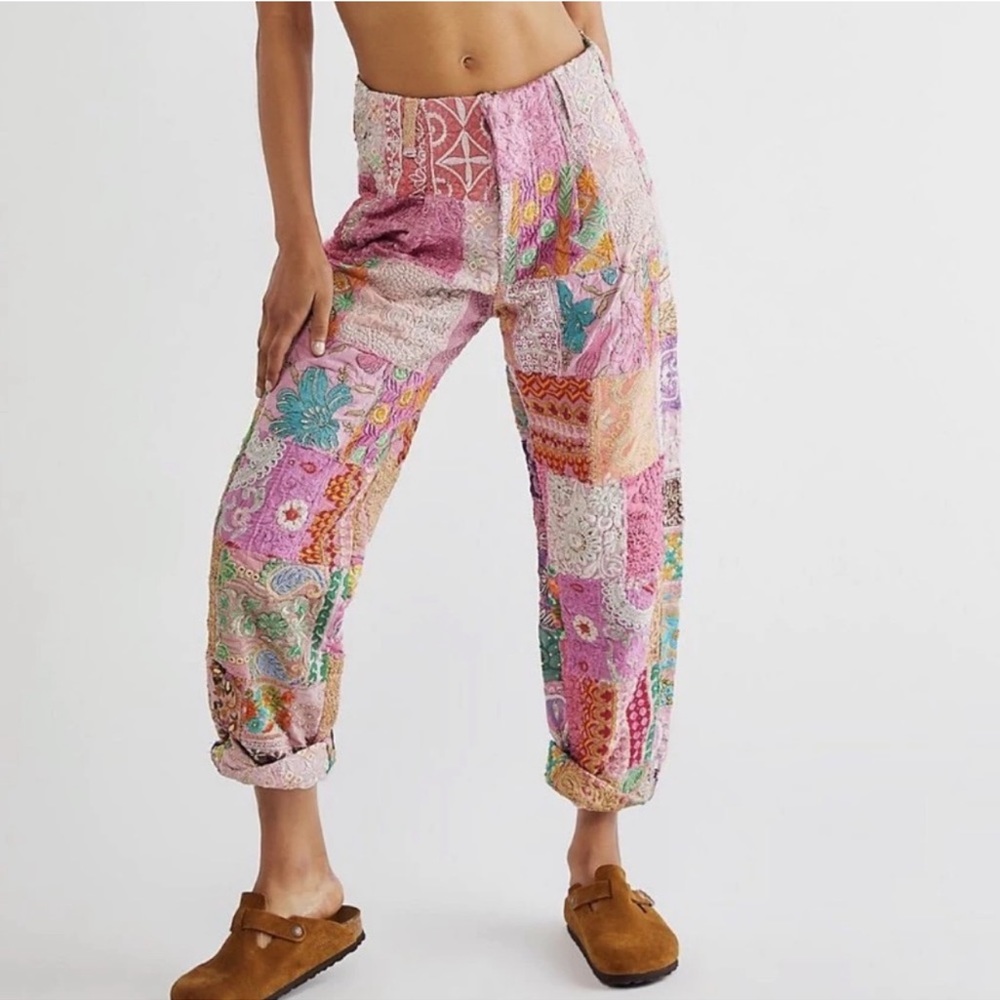 Free People x Momo NY Raya Embroidered Embellished PATCHWORK Pants XS